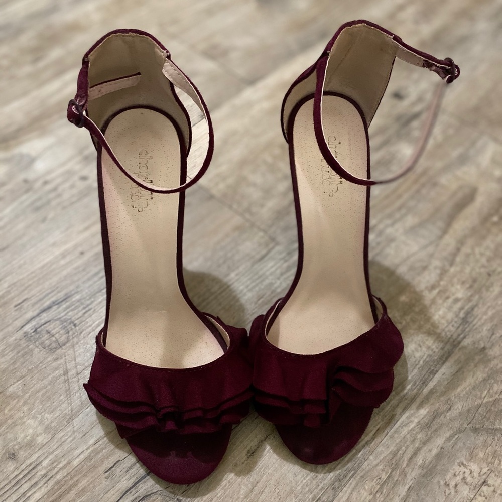Burgundy suede ankle strap heels